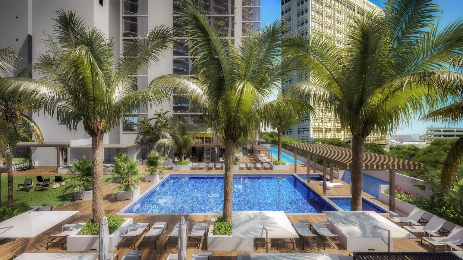 The pool deck at Renaissance Honolulu, SKY Ala Moana — a rectangular pool edged with timber decking, sun loungers, pergolas and mature palms below the towers