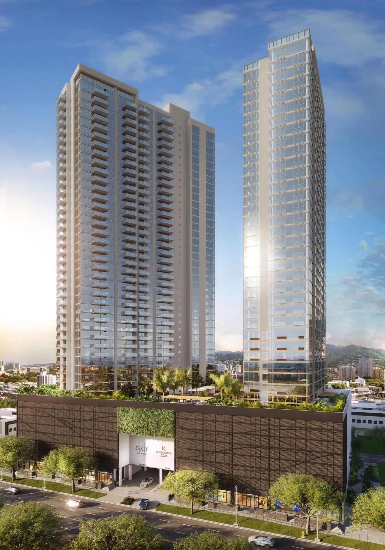 Renaissance Honolulu Hotel & Spa at SKY Ala Moana — two glass residential towers above a landscaped podium, with the brand&rsquo;s signage at the entrance